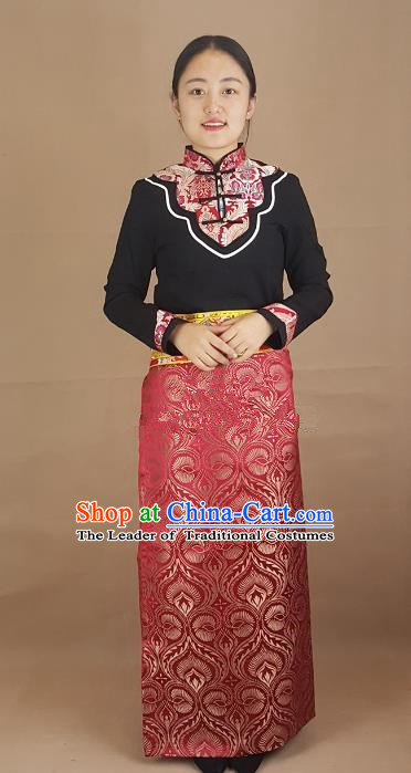Chinese Traditional Zang Nationality Costume Brocade Bust Skirt, China Tibetan Heishui Dance Clothing for Women
