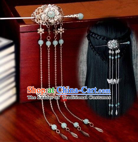 Chinese Traditional Ancient Hair Accessories Hanfu Butterfly Tassel Hairpins Blue Beads Hairdo Crown Headwear for Women