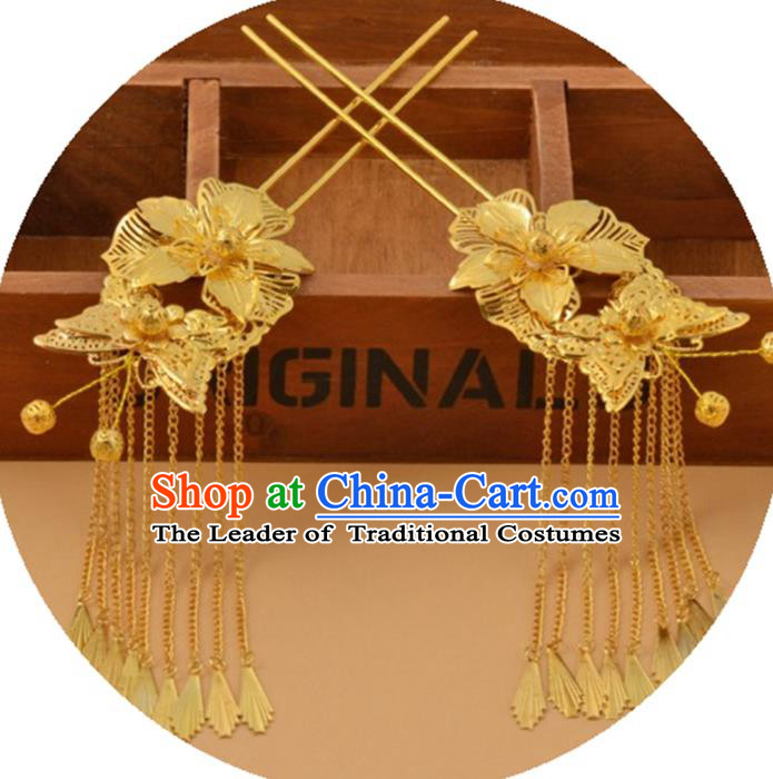 Chinese Traditional Ancient Hair Accessories Hanfu Golden Flowers Butterfly Hairpins Tassel Hair Clip Headwear for Women