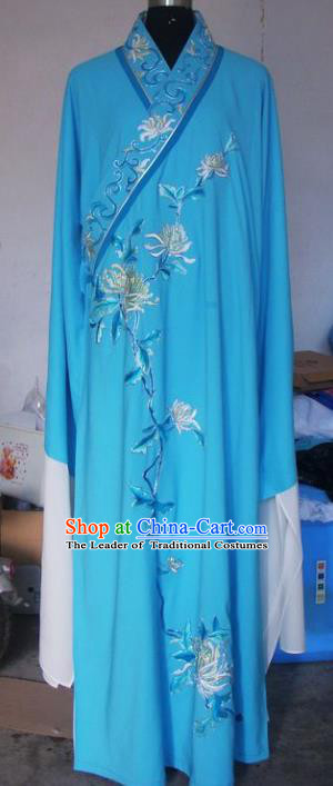Chinese Traditional Beijing Opera Niche Costumes China Peking Opera Scholar Embroidered Chrysanthemum Blue Clothing for Adults