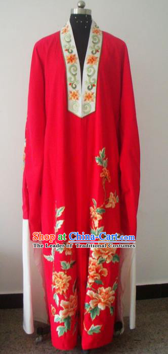 Chinese Traditional Beijing Opera Young Men Red Costumes China Peking Opera Niche Printing Peony Silk Robe for Adults
