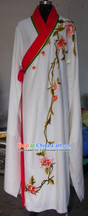 Chinese Traditional Beijing Opera Scholar Costumes Embroidered Peony White Robe for Adults