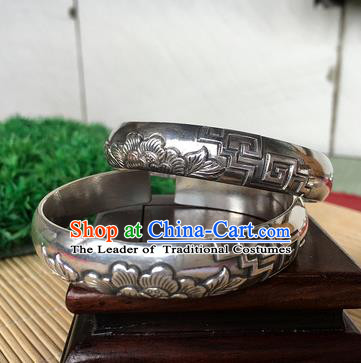 Handmade Chinese Miao Nationality Sliver Bracelet Traditional Hmong Carving Peony Bangle for Women