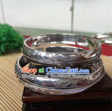 Handmade Chinese Miao Nationality Sliver Bracelet Traditional Hmong Carving Orchid Bangle for Women