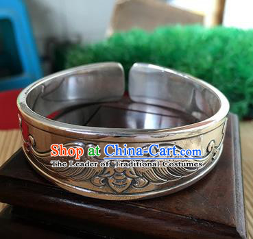 Handmade Chinese Miao Nationality Carving Bat Sliver Bracelet Traditional Hmong Bangle for Women