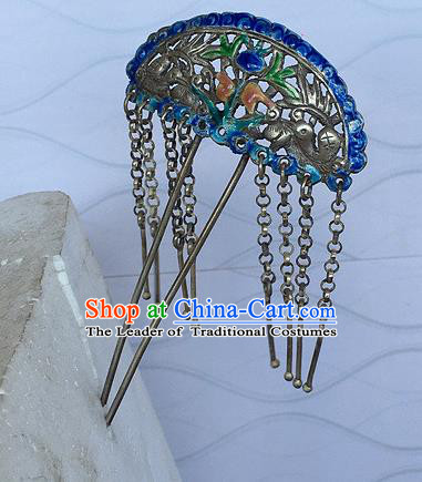 Chinese Traditional Ancient Bride Tassel Hair Clip Hanfu Blueing Hairpins Hair Accessories for Women