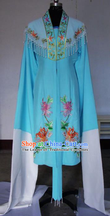 Chinese Traditional Beijing Opera Actress Blue Cloak China Peking Opera Embroidered Chrysanthemum Costumes for Adults