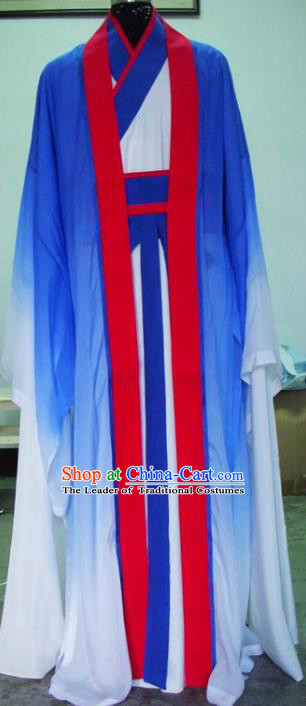 Chinese Traditional Shaoxing Opera Blue Silk Robe Peking Opera Niche Costumes for Adults