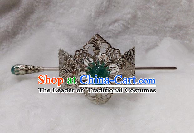 Chinese Traditional Ancient Prince Green Bead Hairdo Crown Hair Accessories Swordsman Hairpins for Men