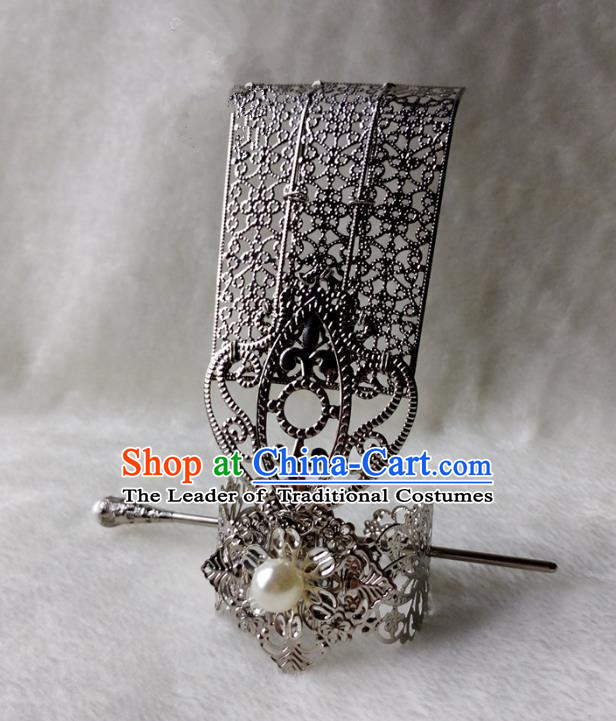 Chinese Traditional Ancient Prince White Bead Hairdo Crown Hair Accessories Swordsman Hairpins for Men