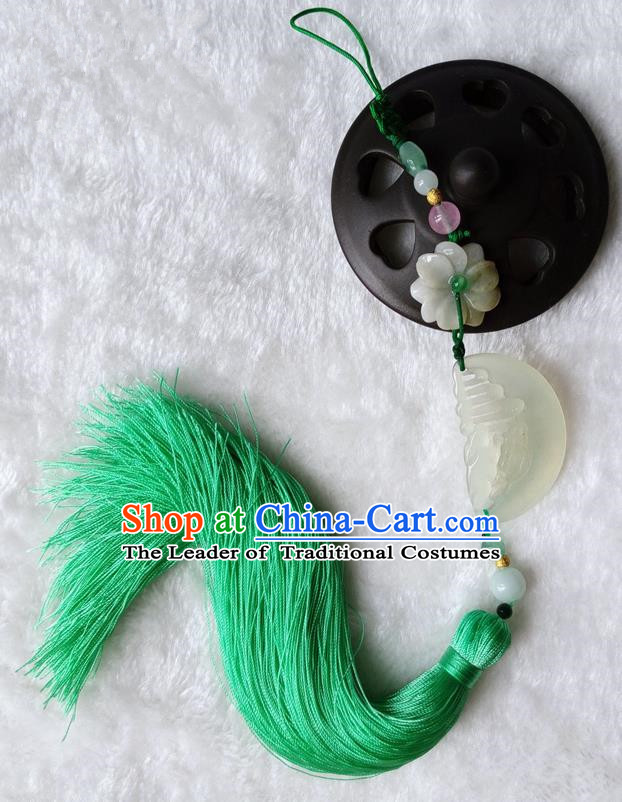 Handmade Chinese Ancient Jade Pendant Green Tassel Waist Accessories for Women