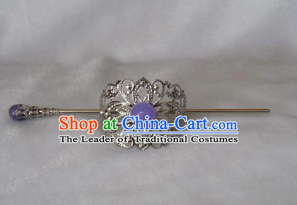 Chinese Traditional Ancient Handmade Lilac Bead Hairdo Crown Hair Accessories Swordsman Hairpins for Men