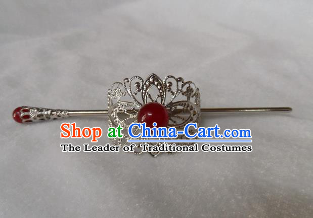 Chinese Traditional Ancient Handmade Red Bead Hairdo Crown Hair Accessories Swordsman Hairpins for Men