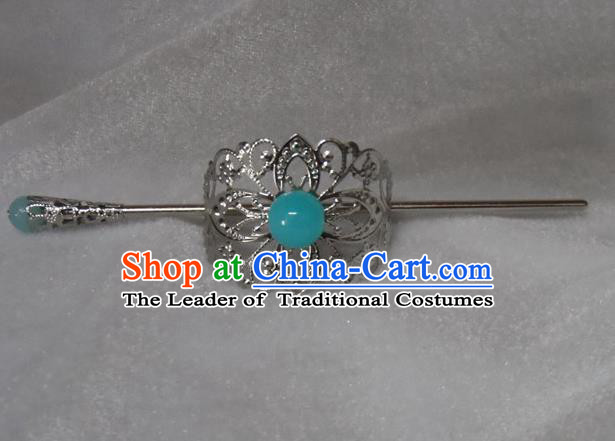 Chinese Traditional Ancient Handmade Blue Bead Hairdo Crown Hair Accessories Swordsman Hairpins for Men