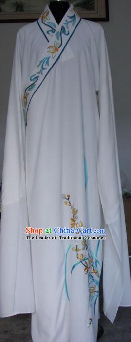 Chinese Traditional Shaoxing Opera Niche Embroidered Orchid White Robe Clothing Peking Opera Scholar Costume for Adults