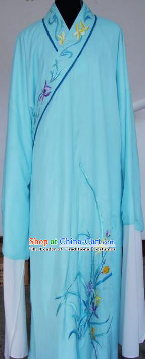 Chinese Traditional Shaoxing Opera Niche Embroidered Orchid Blue Robe Clothing Peking Opera Scholar Costume for Adults