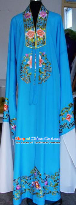 Chinese Traditional Shaoxing Opera Niche Embroidered Peony Blue Robe Clothing Peking Opera Scholar Costume for Adults