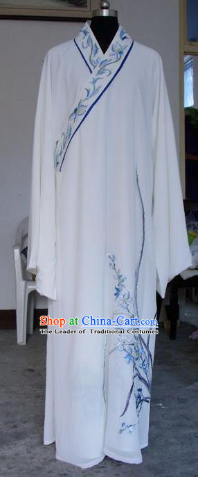 Chinese Traditional Shaoxing Opera Niche Embroidered Orchid White Silk Robe Clothing Peking Opera Scholar Costume for Adults