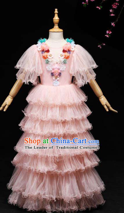 Children Modern Dance Costume Stage Piano Performance Pink Veil Dress for Kids