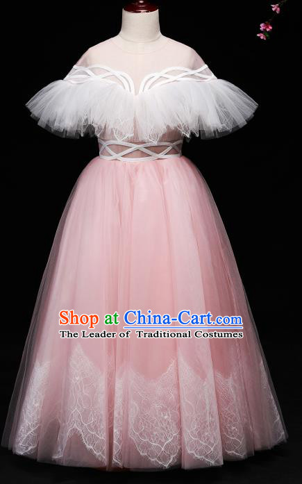 Children Modern Dance Costume Compere Full Dress Stage Piano Performance Pink Veil Dress for Kids