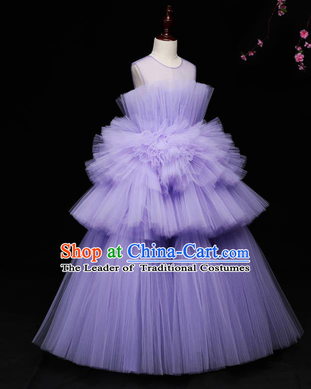Children Modern Dance Costume Compere Full Dress Stage Piano Performance Purple Veil Bubble Dress for Kids