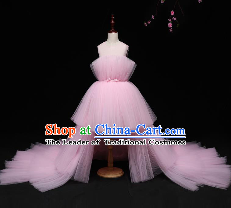Children Modern Dance Costume Compere Full Dress Stage Piano Performance Pink Veil Trailing Dress for Kids