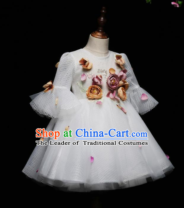 Children Modern Dance Costume Compere White Full Dress Stage Piano Performance Princess Dress for Kids