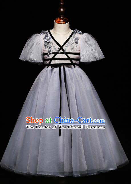 Children Modern Dance Costume Compere Grey Full Dress Stage Piano Performance Princess Dress for Kids