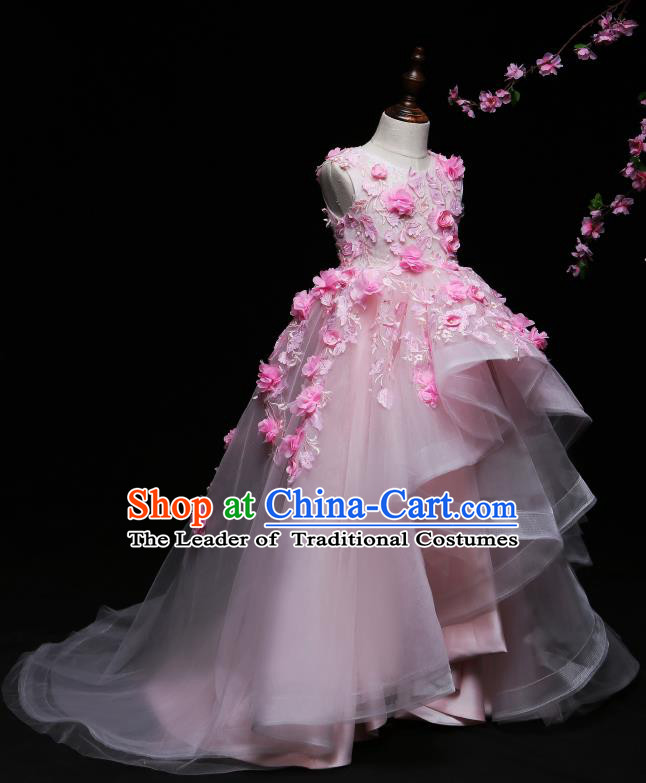 Children Modern Dance Costume Compere Pink Flowers Trailing Full Dress Stage Piano Performance Princess Dress for Kids