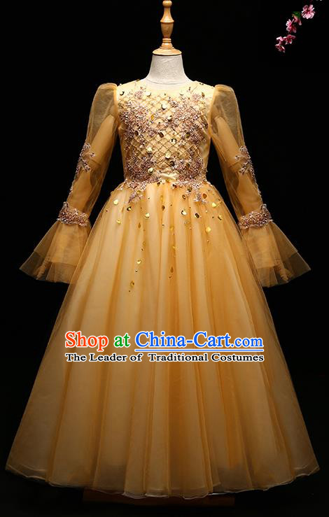 Children Modern Dance Costume Compere Full Dress Stage Piano Performance Princess Yellow Veil Dress for Kids