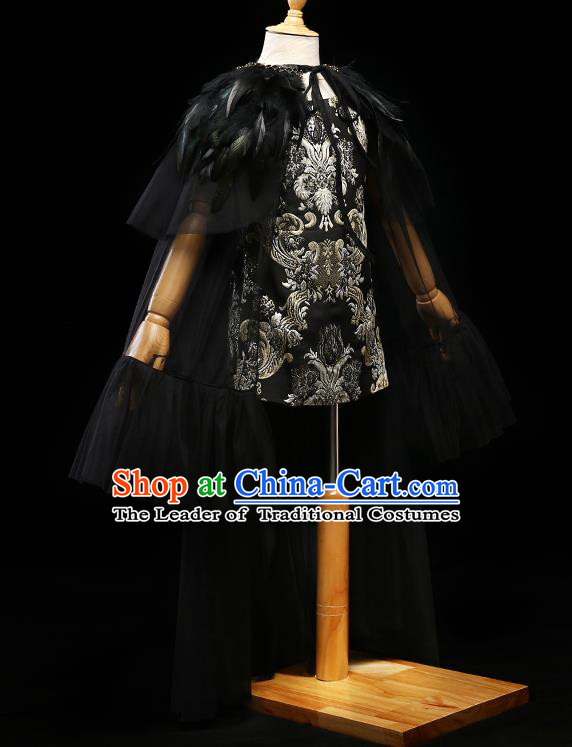 Children Modern Dance Costume Compere Full Dress Stage Piano Performance Princess Black Veil Dress for Kids