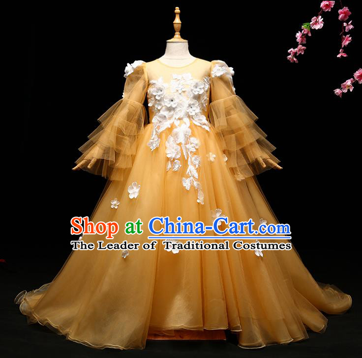 Children Modern Dance Costume Compere Full Dress Stage Piano Performance Princess Yellow Trailing Dress for Kids