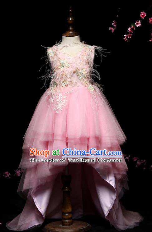 Children Modern Dance Costume Compere Pink Veil Trailing Full Dress Stage Piano Performance Princess Dress for Kids