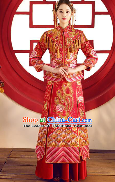 Top Grade Chinese Traditional Wedding Costumes Xiuhe Suits Bride Red Embroidered Dress for Women