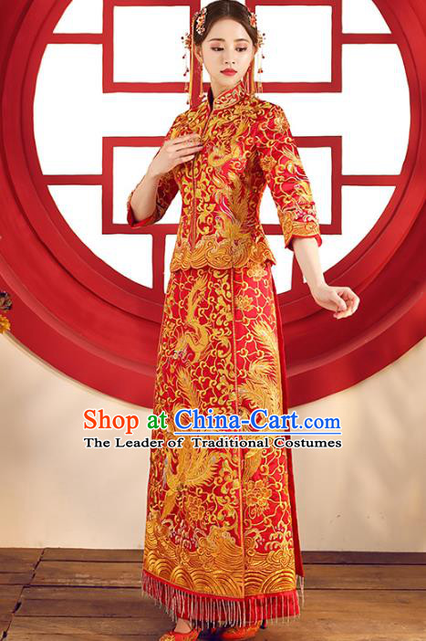 Top Grade Chinese Traditional Wedding Costumes Xiuhe Suits Bride Red Embroidered Phoenix Dress for Women