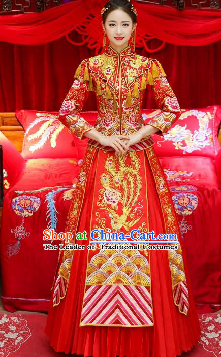 Top Grade Chinese Traditional Wedding Costumes Bride Embroidered Phoenix Peony Xiuhe Suits for Women