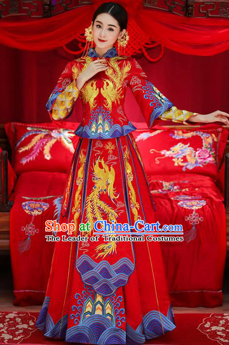 Top Grade Chinese Traditional Wedding Costumes Longfeng Flown Bride Embroidered Trailing Xiuhe Suits for Women