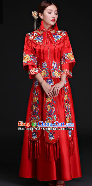 Chinese Traditional Wedding Costumes Ancient Longfeng Flown Bride Embroidered Peony Xiuhe Suits for Women