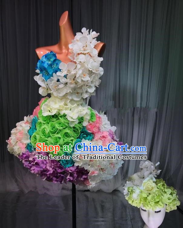 Top Grade Stage Performance Compere Costume Models Catwalks Flowers Fairy Dress and Headwear for Women
