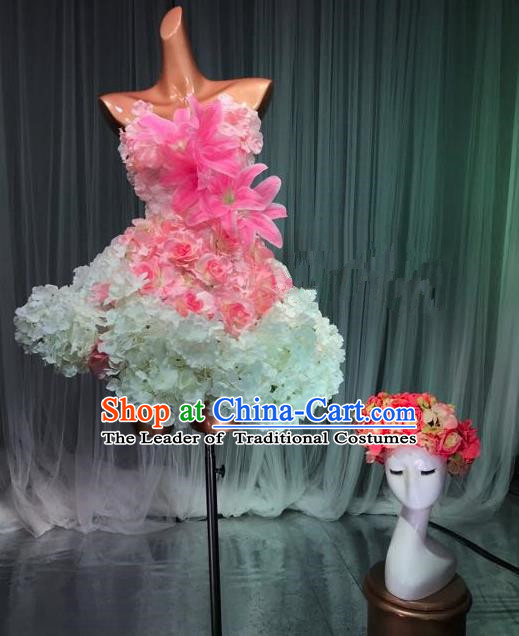 Top Grade Stage Performance Costume Models Catwalks Flowers Fairy Dance Dress and Headwear for Women