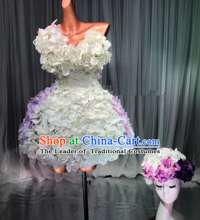 Top Grade Stage Performance Costume Models Catwalks White Flowers Fairy Dance Dress and Headwear for Women