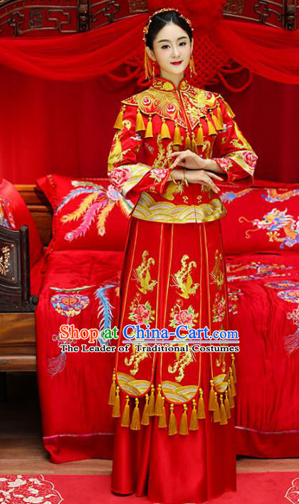 Top Grade Chinese Traditional Wedding Costumes Longfeng Flown Bride Embroidered Peony Xiuhe Suits for Women