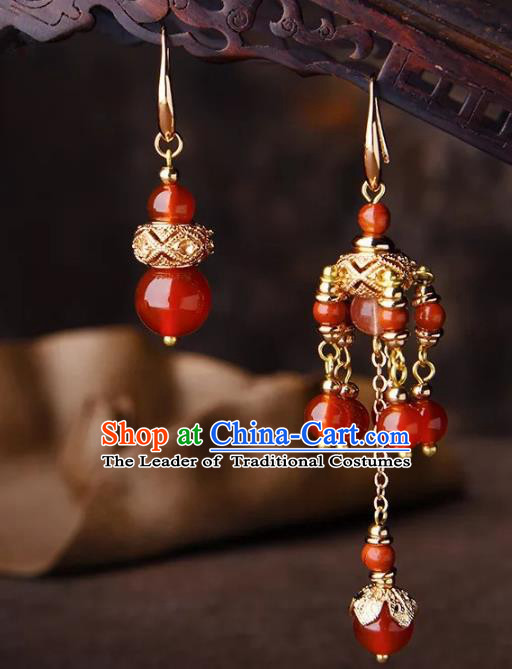 Chinese Traditional Jewelry Accessories Ancient Palace Hanfu Red Beads Earrings for Women