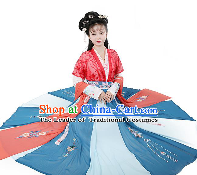 Chinese Tang Dynasty Nobility Lady Red Hanfu Dress Ancient Peri Embroidered Costume for Women