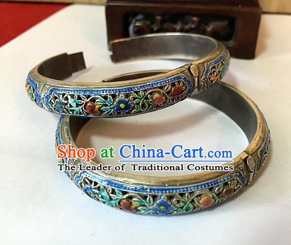 Handmade Chinese Miao Nationality Sliver Retro Bracelet Traditional Hmong Blueing Bangle for Women