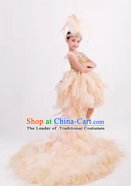 Children Models Show Costume Stage Performance Modern Dance Catwalks White Feather Trailing Dress for Kids