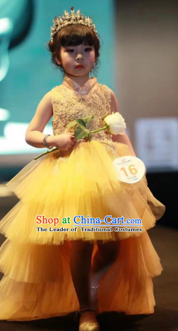 Children Models Show Costume Stage Performance Modern Dance Catwalks Princess Yellow Veil Trailing Dress for Kids
