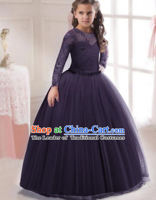 Children Models Show Costume Stage Performance Modern Dance Compere Purple Lace Veil Dress for Kids