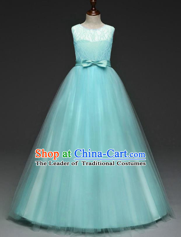 Children Models Show Costume Stage Performance Catwalks Compere Green Veil Dress for Kids