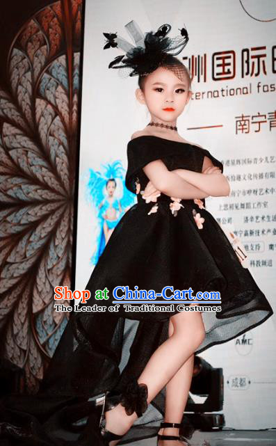 Children Models Show Costume Stage Performance Catwalks Compere Black Trailing Bubble Dress for Kids